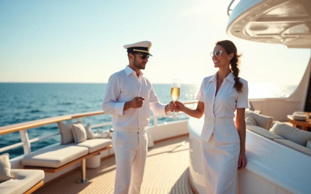 Crew serviert Champagner auf Yachtdeck