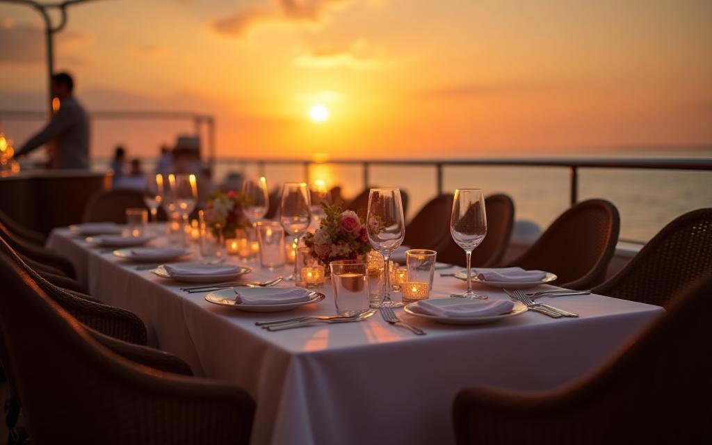 Gourmet Dinner auf Yachtdeck bei Sonnenuntergang